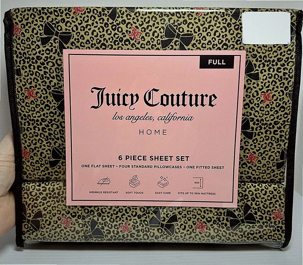 6 Piece Juicy Couture Leopard Cheetah Animal Print Bows Logo Sheet Set FULL
