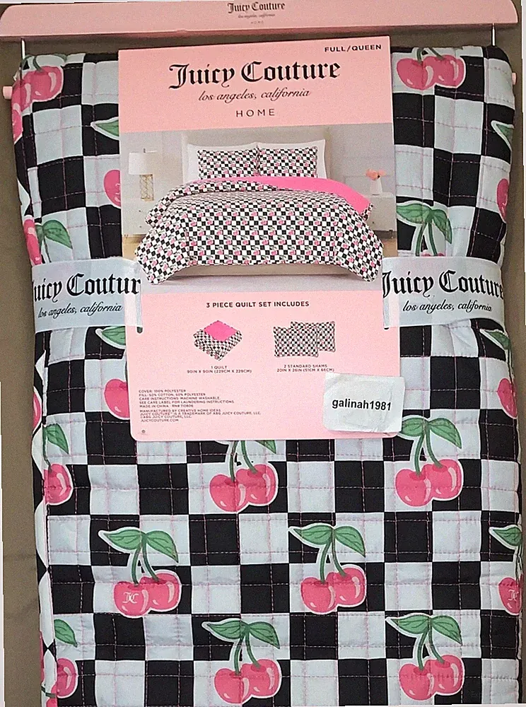 Juicy Couture 3pc Full/Queen Quilt Blanket & Shams Set Checkered w/Pink Cherries