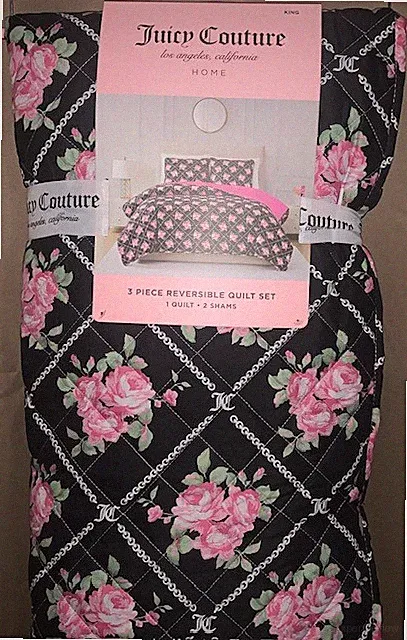 Juicy Couture 3pc KING Quilt Blanket &Shams Set Black w/Pink Roses &JC Monograms