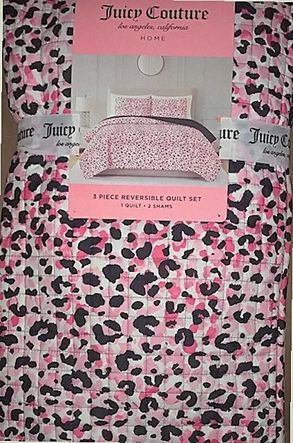 Juicy Couture 3pc KING Quilt Blanket & Shams Set Pink/Black/White Leopard Print