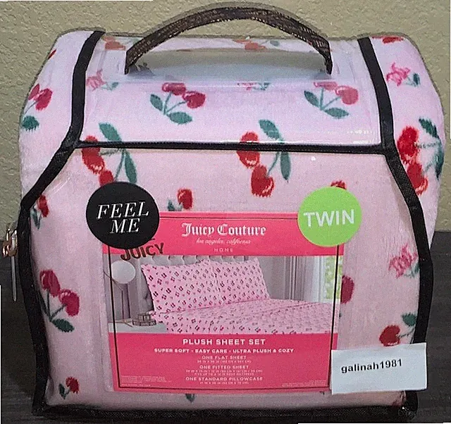 Juicy Couture 3pc TWIN Plush Sheet Set Pink w/Red & Pink Cherries & JC Monograms