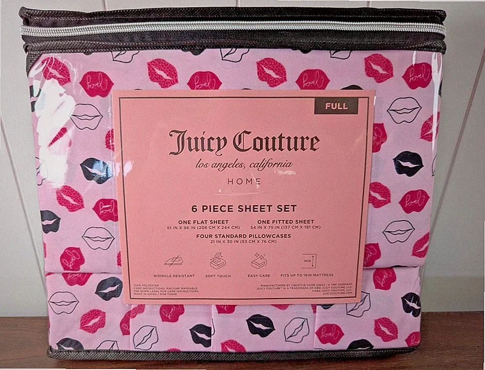 Juicy Couture 6pc. Full Sheet Set Kiss Print Pink, Black, Purple
