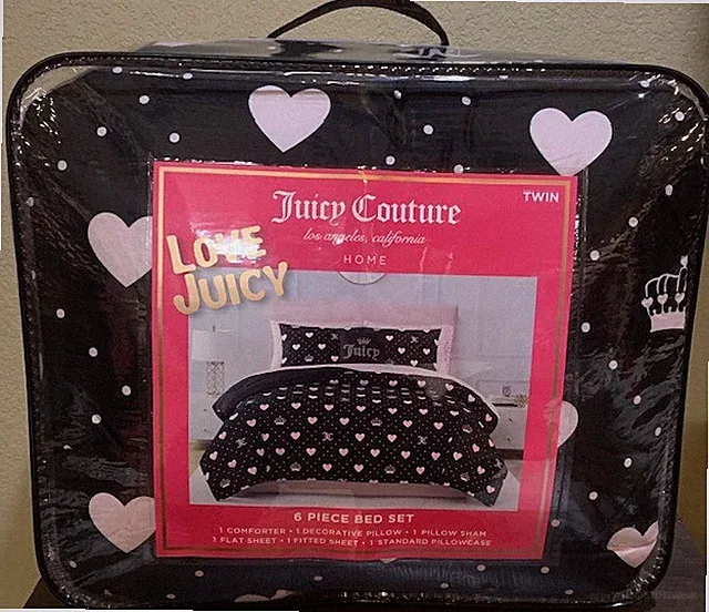 Juicy Couture 6pc TWIN Comforter Set Black w/Pink Hearts, Crowns & JC Monograms