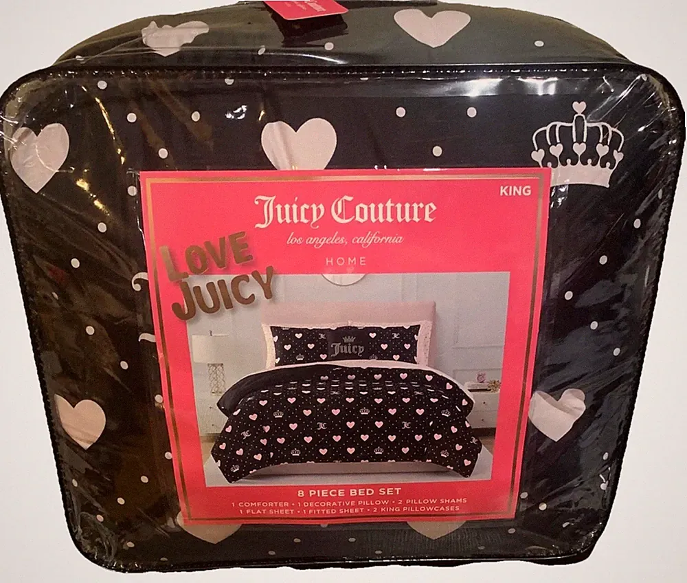 Juicy Couture 8pc KING Comforter Set Black w/Pink Hearts, Crowns & JC Monograms