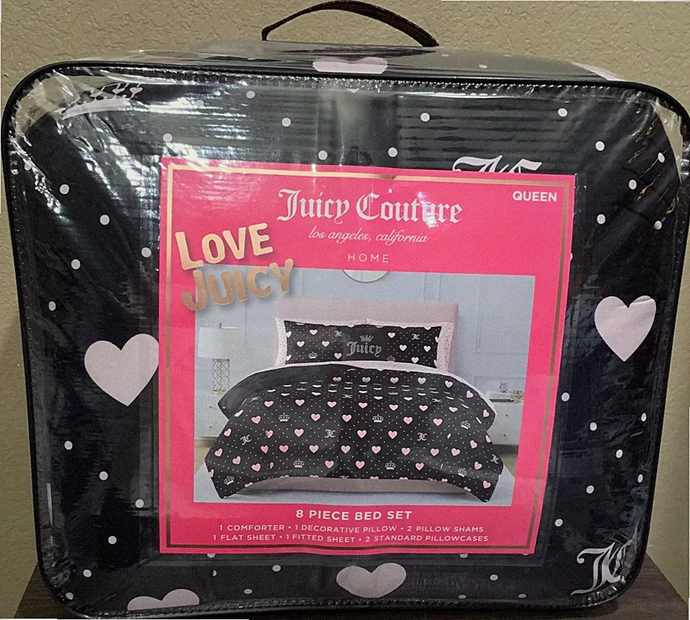 Juicy Couture 8pc QUEEN Comforter Set Black w/Pink Hearts, Crowns & JC Monograms