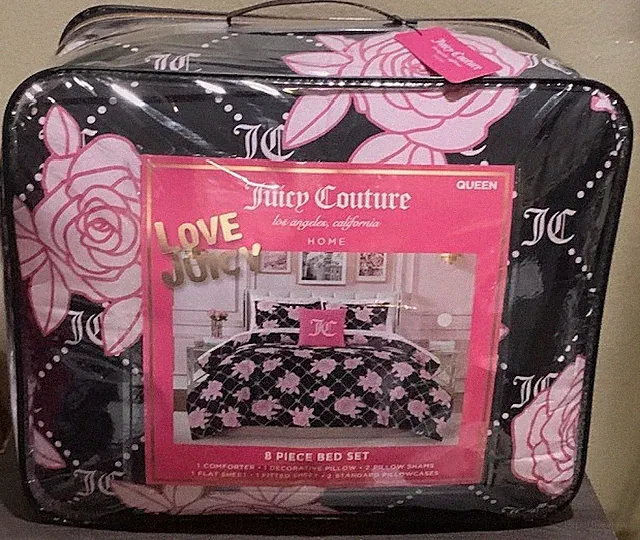 Juicy Couture Black/Monograms&Pink Roses QUEEN Set Comforter,Shams,Sheets,Pillow