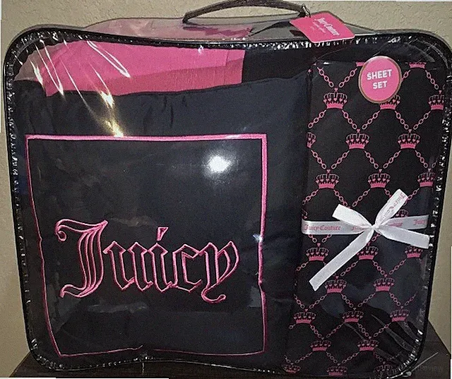 Juicy Couture Black/Pink 8pc KING Reversible Comforter Set with Crown Sheets