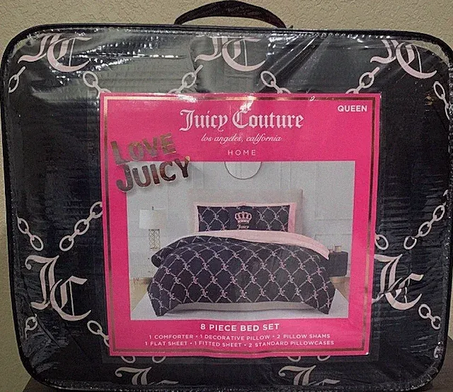 Juicy Couture Black/Pink JC Monogram 8pc QUEEN Set Comforter,Shams,Sheets,Pillow