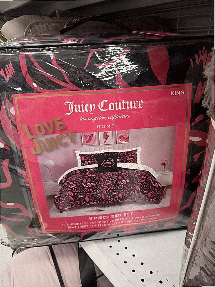 Juicy Couture Black/Pink Kisses & Logos KING Set Comforter,Shams,Sheets,Pillow