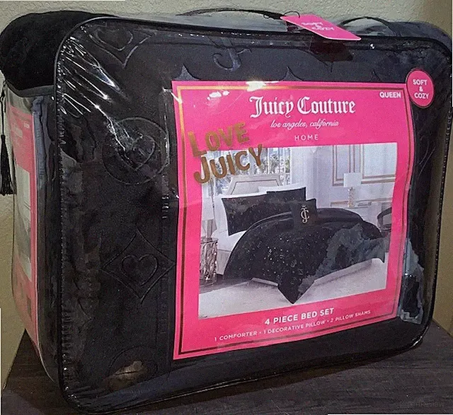 Juicy Couture Black Plush Crowns,Monogram,Hearts Embossed 4p QUEEN Comforter Set