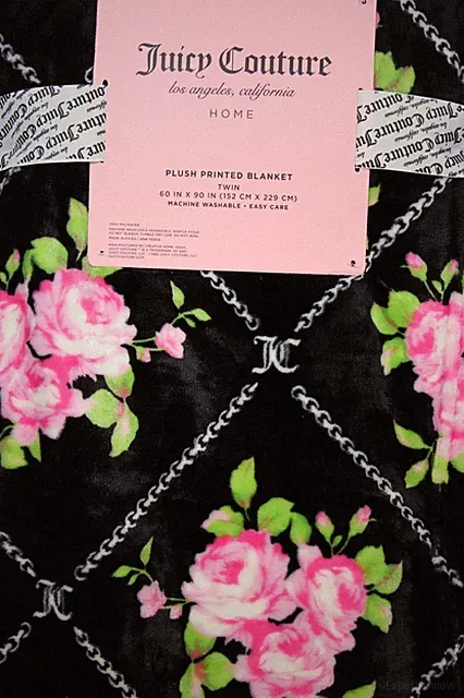 Juicy Couture Black W Pink Roses 60" x 90" Soft Plush Twin Blanket