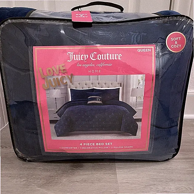 Juicy Couture Blue Hearts,Monograms&Logos Embossed Plush 4pc QUEEN Comforter Set