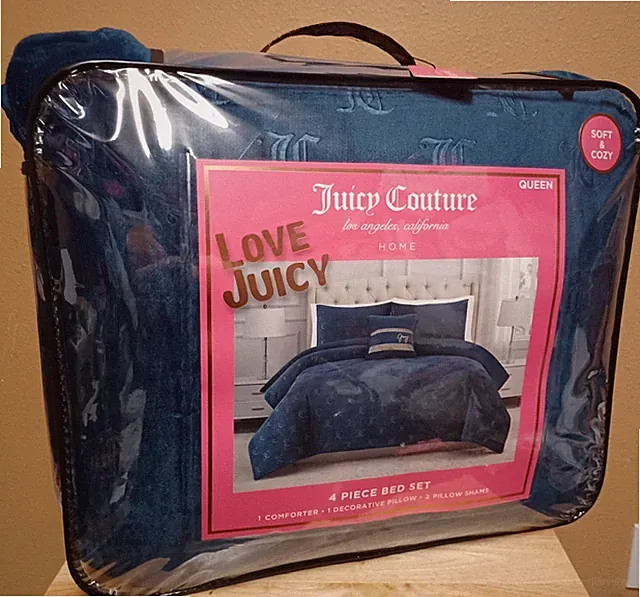 Juicy Couture Blue JC Monogram Embossed Plush 4pc Queen Comforter Set Soft &Cozy