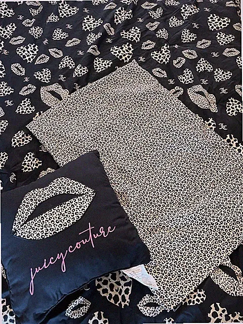 Juicy Couture Full 3 Piece Bed Set Cheetah Hearts Leopard Kisses JC Monogram
