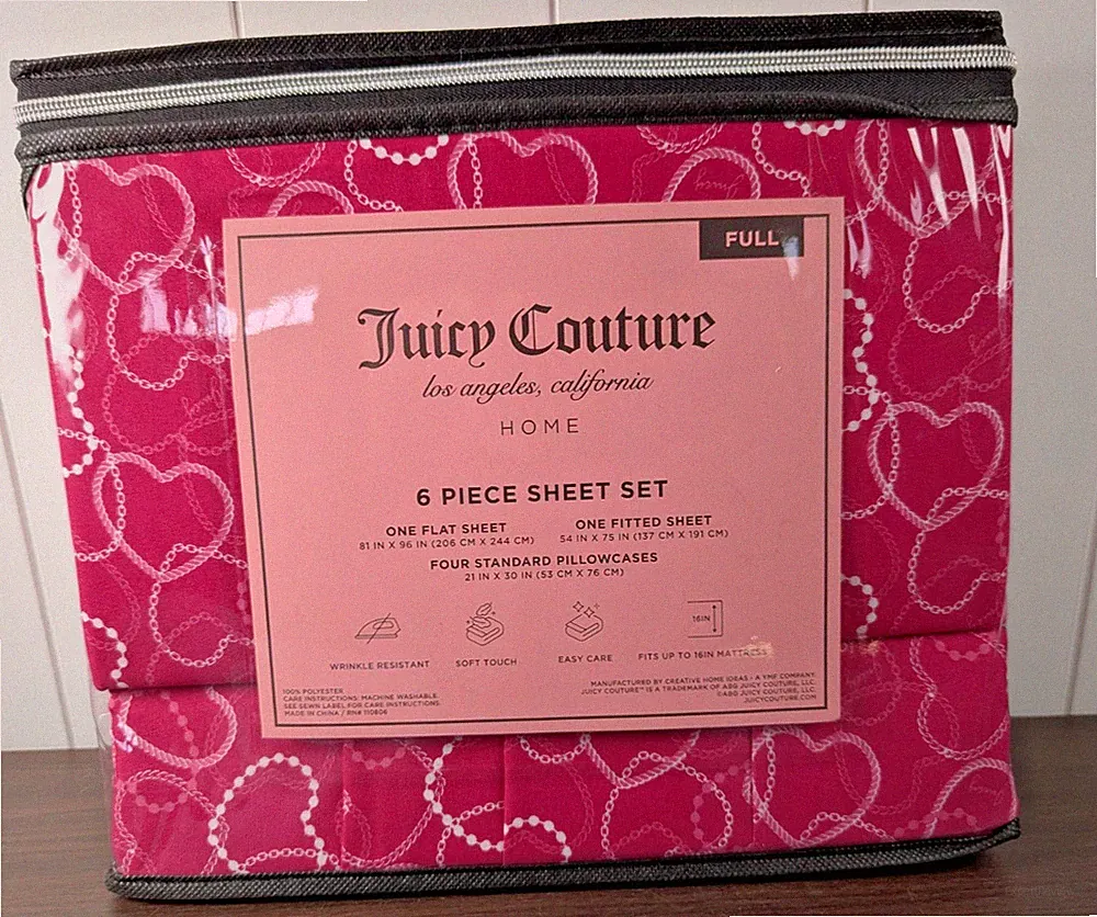 Juicy Couture Full 6pc Sheet Set, Juicy Monogram, Rose Pearl Hearts, Pink Chain