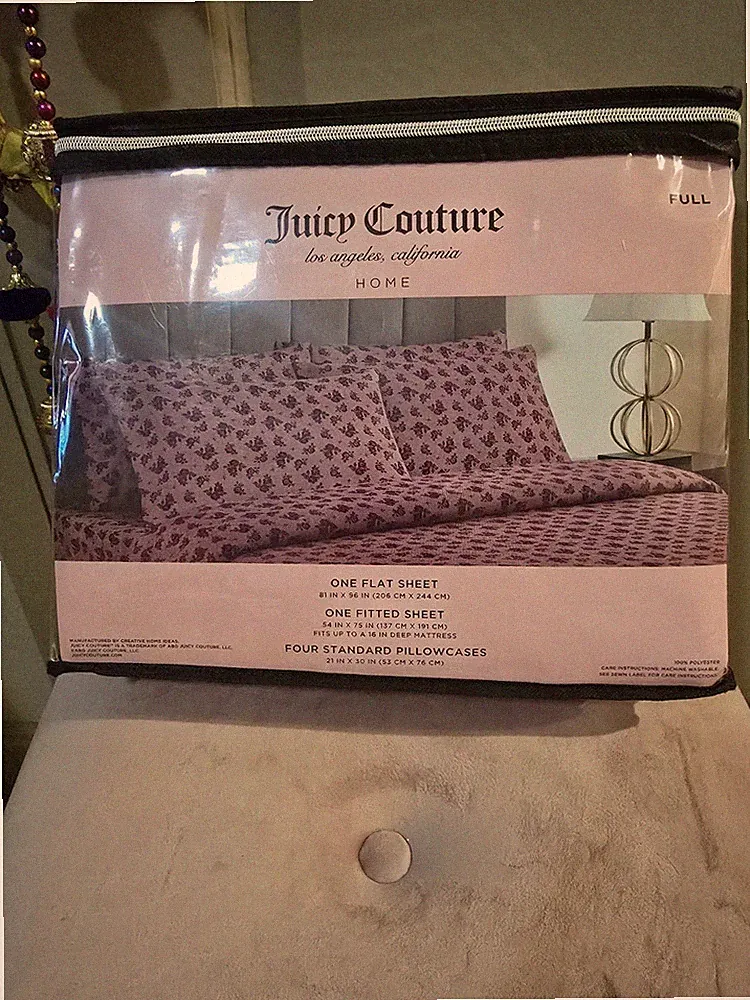 Juicy Couture Full Sheet Set Rose Pattern Pink Black Polyester Machine Washable