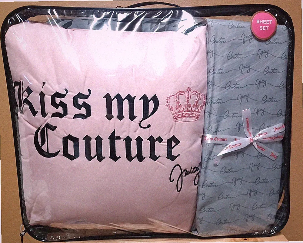 Juicy Couture Grey "Kiss My Couture" 8pc QUEEN Set Comforter,Shams,Pillow,Sheets