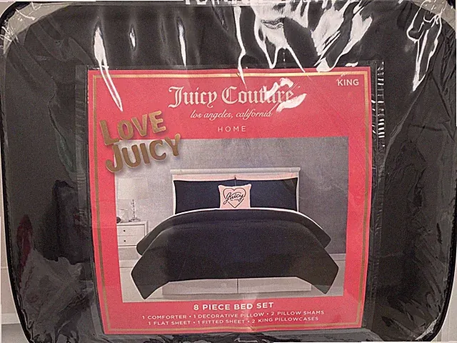 Juicy Couture home KING size 8 Piece Bed Set/Comforter Bk/Pink w/pink pillow NWT