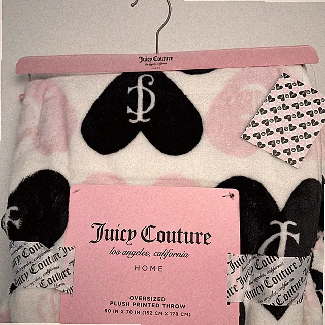 Juicy Couture Home Pink Black Heart Oversized Plush Throw Blanket Y2K NWT 60x70