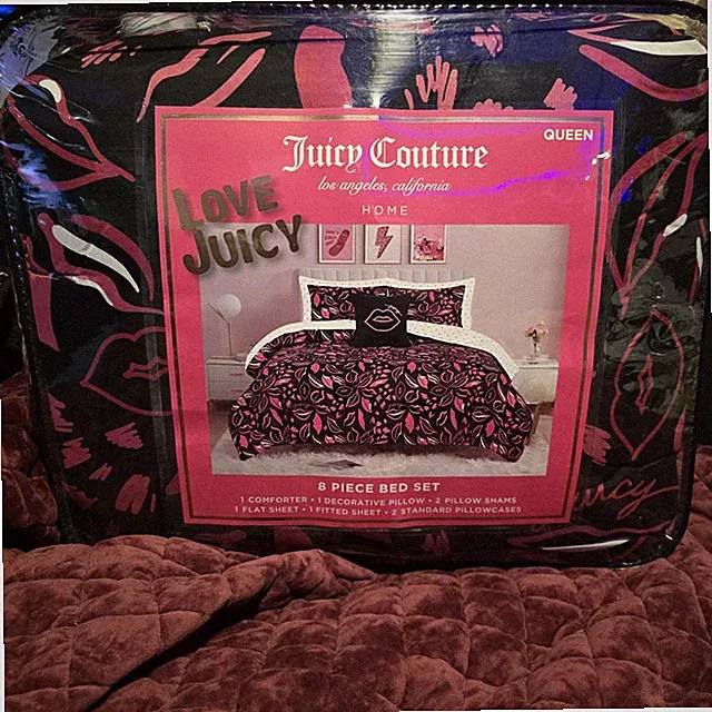 Juicy Couture Home Queen Bedding Comforter 8 Piece Set Lips Black Pink New