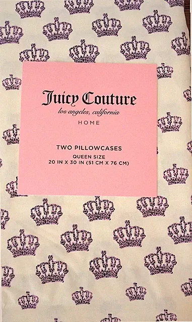 Juicy Couture Home Queen/Standard Size Pillowcases 20x30” Set 2 Purple Crown New