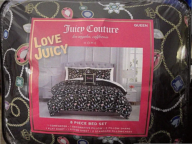 Juicy Couture Jewelery Gems Crowns QUEEN Bed Set Comforter, Shams, Sheets,Pillow