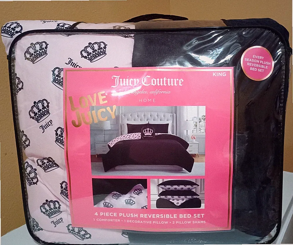 Juicy Couture KING 4 pc Reversible Comforter Set Black Plush/ Pink with Crowns