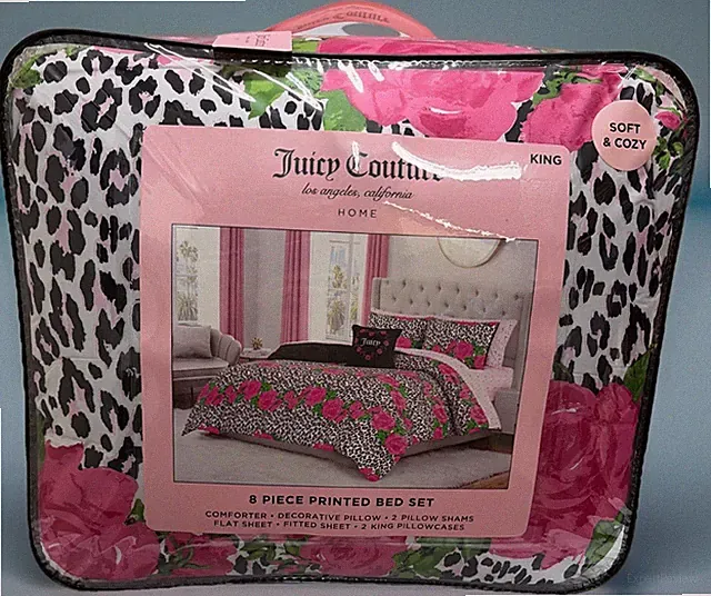 Juicy Couture Leopard Print & Pink Roses KING Set Comforter,Shams,Sheets, Pillow