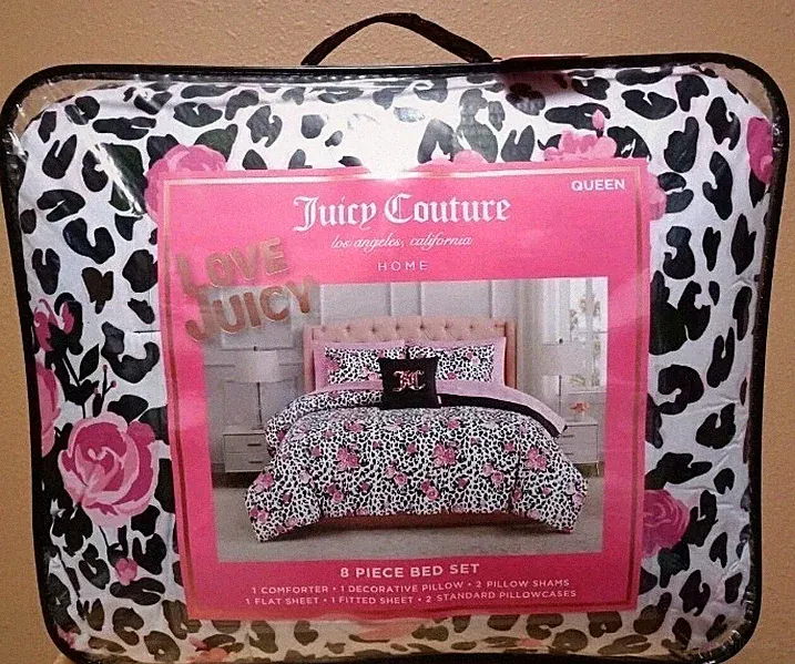 Juicy Couture Leopard Print & PInk Roses QUEEN Set Comforter,Shams,Sheets,Pillow