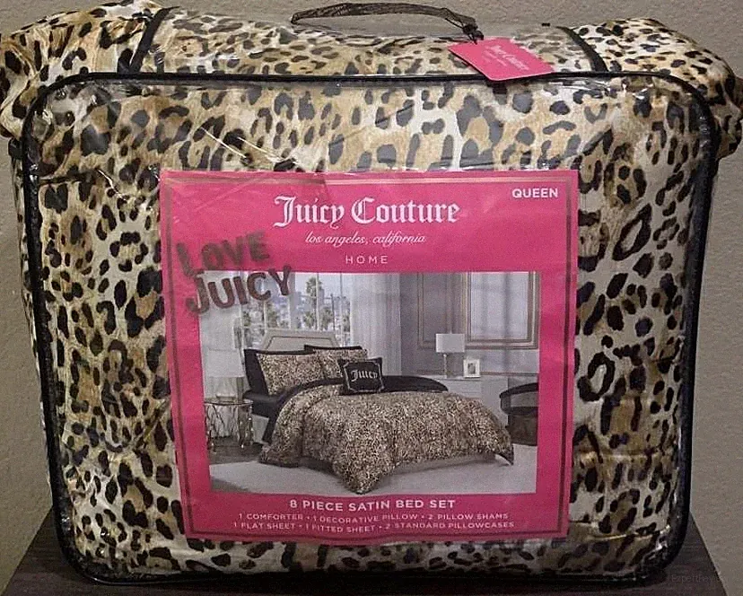 Juicy Couture Leopard Print Satin QUEEN 8pc Set Comforter,Shams,Sheet Set,Pillow