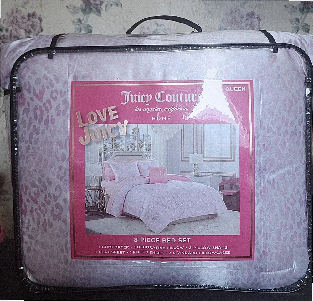 Juicy Couture Love Juicy 8 Piece Queen PINK Leopard/Cheetah Satin Comforter Set