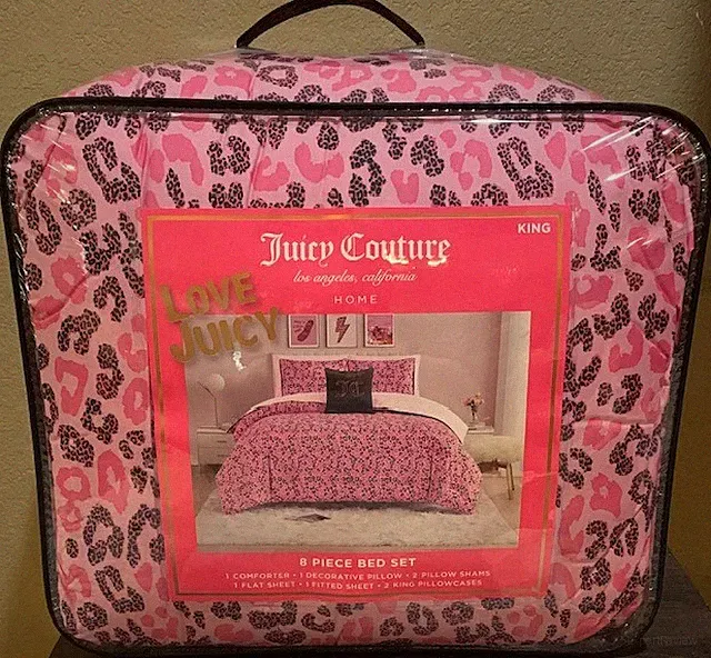 Juicy Couture Pink/Black Leopard 8pc KING Bed Set Comforter,Shams,Sheets &Pillow