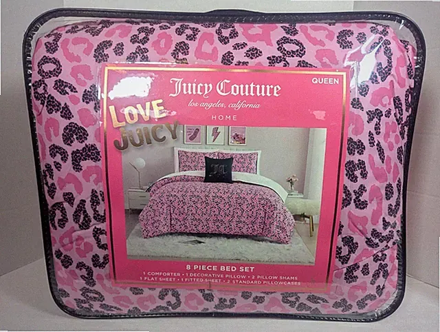 Juicy Couture Pink/Black Leopard 8pc QUEEN Bed Set Comforter,Shams,Sheets,Pillow