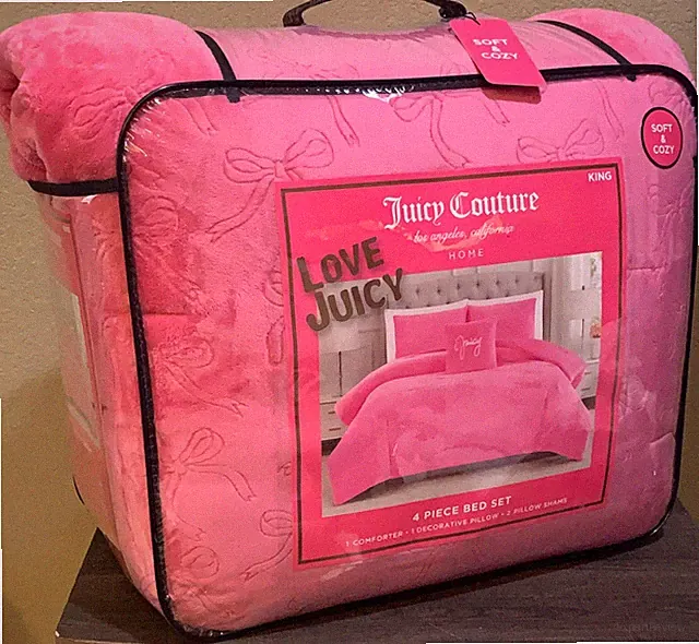 Juicy Couture Pink Coquette Bows Embossed Plush 4pc KING Comforter Set Soft&Cozy