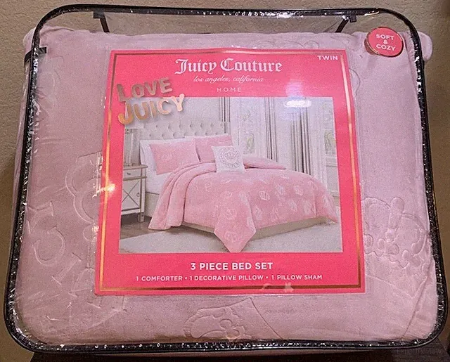 Juicy Couture Pink Logos &Crowns Embossed Plush 3pc TWIN Comforter Set Soft&Cozy