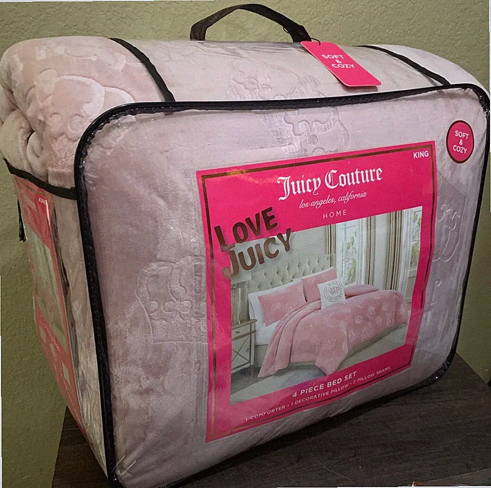 Juicy Couture Pink Logos & Crowns Embossed Plush 4p KING Comforter Set Soft&Cozy