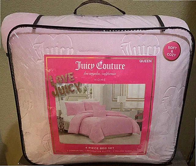 Juicy Couture Pink Logos & Hearts Embossed Plush Soft 4piece QUEEN Comforter Set