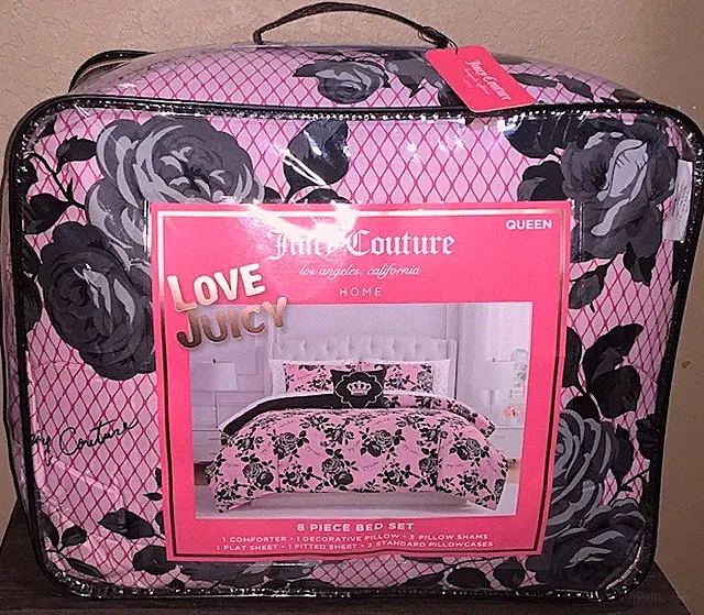 Juicy Couture Pink w/Black & Grey Roses QUEEN Set Comforter,Shams,Sheets,Pillow