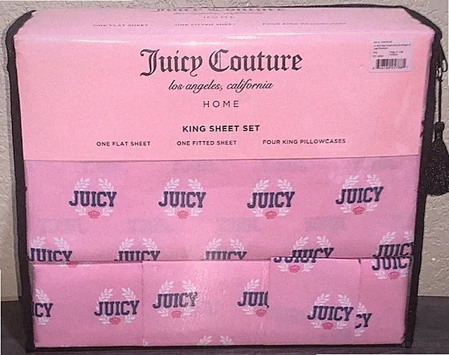 Juicy Couture Pink with Crowns Crests &Logos 6pc KING Sheet Set w/4 Pillowcases