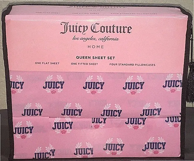Juicy Couture Pink with Crowns Crests &Logos 6pc QUEEN Sheet Set w/4 Pillowcases