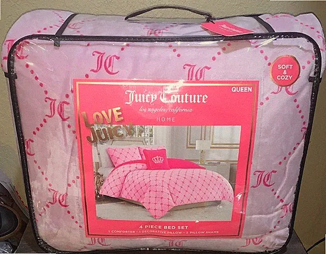 Juicy Couture Pink with JC Monograms Plush 4pc QUEEN Comforter Set Soft &Cozy