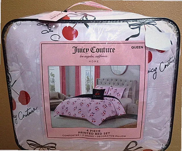 Juicy Couture Pink with Polka Dots, Red Cherries & Logos QUEEN 4pc Comforter Set
