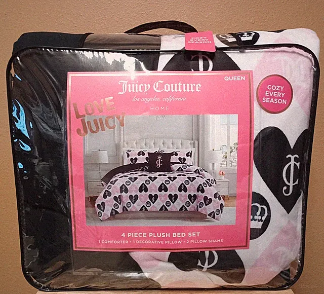 Juicy Couture Plush 4pc Hearts,Crowns,JC logos Queen Comforter Set Soft & Cozy