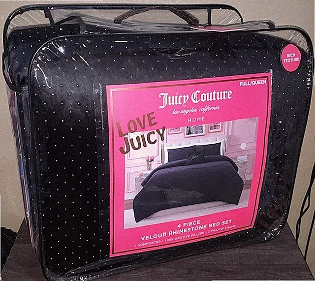 Juicy Couture Plush Black Velour Rhinestone Sparkle Bling 4p QUEEN Comforter Set