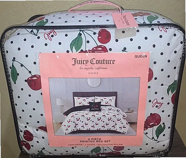 Juicy Couture Polka Dot & Red Cherries & Logos QUEEN Set Comforter,Shams &Pillow