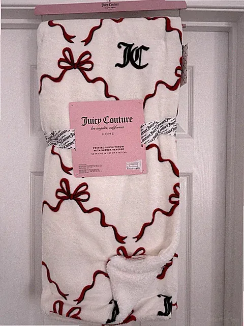 JUICY COUTURE PRINTED PLUSH BLANKET THROW W/ SHERPA REVERSE RED BOWS 50 X 60