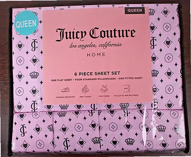 Juicy Couture Queen 6 pc Bed Sheet Set JC Logo Crown Heart Diamond Print