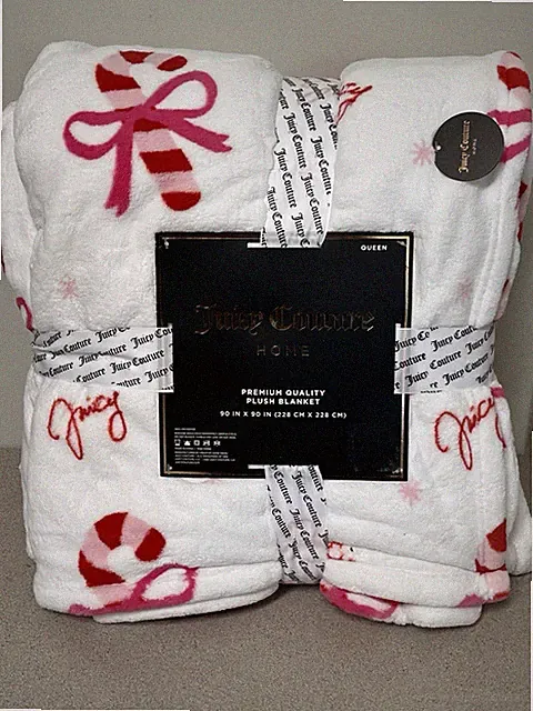 Juicy Couture QUEEN Candy Canes Premium Plush blanket 90" x 90" Polyester NWT