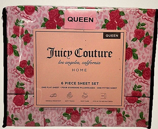 Juicy Couture Queen Sheet Set Pink Rose Leopard 6 Piece Bedding Set New