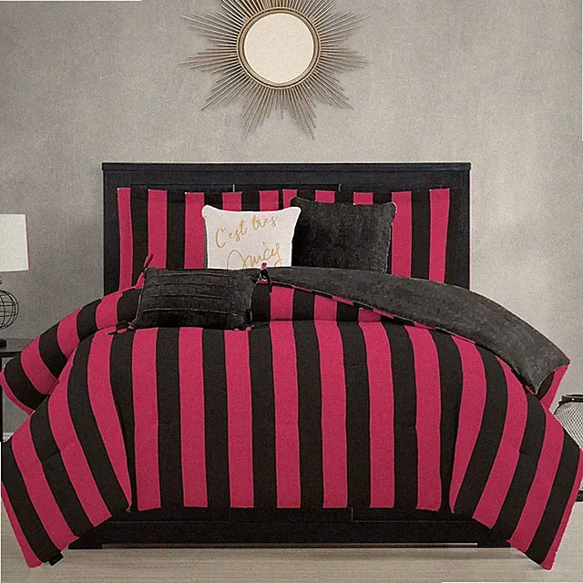 Juicy Couture Reversible King Bedding Set - Black & Hot Pink Stripes